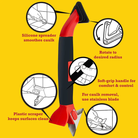 Three In One Caulk Tool For Removal And Application With Soft Grip Handle Durable Plastic Construction Stainless Steel Blade