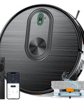 Front view of 2 In 1 Robot Vacuum And Mop with 6500Pa Beast Mode Suction Gyro Inertial Navigation, remote, and app interface
