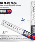 Rock Solid Digital Angle Finder With A Slick Stainless Steel Frame And Smooth 360 Degree Rotation For Zero Hassle Layout Work Plus A Handy Folding Straight Ruler For Fast Job Site Prep, showing adjustable digital display with folding ruler.