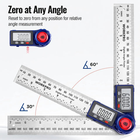 Rock Solid Digital Angle Finder With A Slick Stainless Steel Frame And Smooth 360 Degree Rotation For Zero Hassle Layout Work Plus A Handy Folding Straight Ruler For Fast Job Site Prep, showing adjustable digital display with folding ruler.
