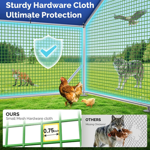 Top Notch Heavy Duty Chicken Coop Run With Thick Hardware Cloth For 20 Chickens, showing sturdy mesh protecting chickens from predators.