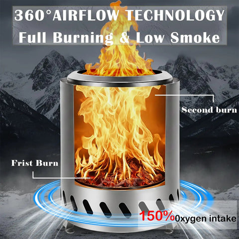 Tabletop Fire Pit For Outdoors Low Smoke Camping Stove For Safe Burning Pellets Or Wood 9.7 By 7.1 Inch Silver Finish showing flames and airflow
