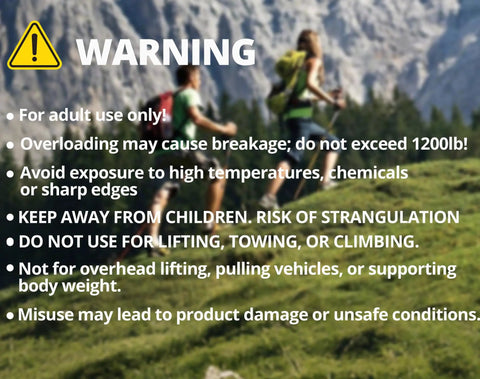 Warning instructions for 1200 Lb Paracord Rope 4.4mm Nylon Parachute Cord Spool Army Green 100 Ft 14 Strand Core Braided Sheath.