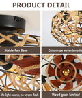 Close-up of 21 Inch Caged Farmhouse Ceiling Fan with Lights Remote Control, showing stable base and wood grain leaf detail.