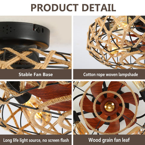 Close-up of 21 Inch Caged Farmhouse Ceiling Fan with Lights Remote Control, showing stable base and wood grain leaf detail.