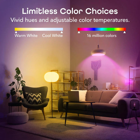 Living room with color-changing lighting from Prisma Plus 800 Dimmable Smart Light Bulbs 4 Pack With 2.4 GHz Wi Fi Color Changing Tunable White A19 LED Smart Bulbs Works With Alexa And Google Assistant