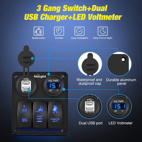 3 Gang Rocker Switch Panel with USB Charger and LED Voltmeter for 12V Cars Trucks Boats ATVs RVs Marine Aluminum Waterproof