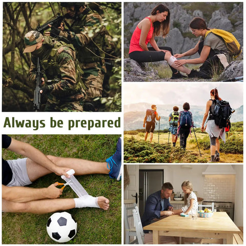 Collage of outdoor activities, hiking and first aid scenarios emphasizing preparedness with 170 Piece Survival First Aid Kit With Trauma Gear.