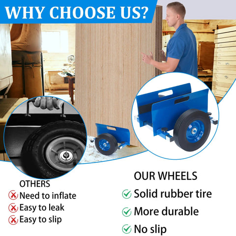 Heavy Duty Panel Dolly For Doors And Drywall, 1100 Pound Capacity, shown with solid 10 inch wheels and side panel adjustments.