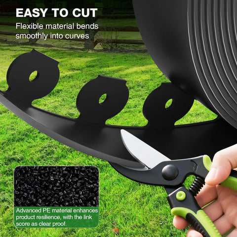 Close-up of cutting No Dig Landscape Edging Kit with scissors, showing flexible plastic material and landscaping spikes.