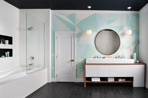 Modern bathroom with vanity featuring the Xander Widespread Bathroom Faucet Brushed Nickel Three Hole Configuration With Ceramic Disc Valve Easy Install Pop Up Drain Assembly Included For 6-16 Inch Widespread Sinks Dope Upgrade For Your Vanity.