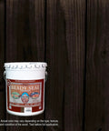 Exterior Wood Stain And Sealer In One For Decks Fences Pergolas And Wood Siding Semi Transparent Oil Based Formula Pro Grade No Laps Runs Or Streaks Durable UV Protection Burnt Hickory 5 Gallon container next to stained wood panel.