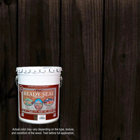 Exterior Wood Stain And Sealer In One For Decks Fences Pergolas And Wood Siding Semi Transparent Oil Based Formula Pro Grade No Laps Runs Or Streaks Durable UV Protection Burnt Hickory 5 Gallon container next to stained wood panel.