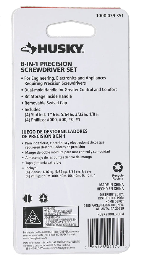 Back packaging of 8 In Phillips And Slotted Double Ended Precision Screwdriver Set Onboard Storage with product details.