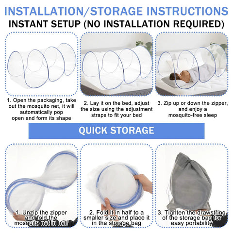 Installation and storage steps for Two Large Pop Up Mosquito Nets Set For Bed Camping And Travel Portable Foldable Bug Netting Mesh Canopy