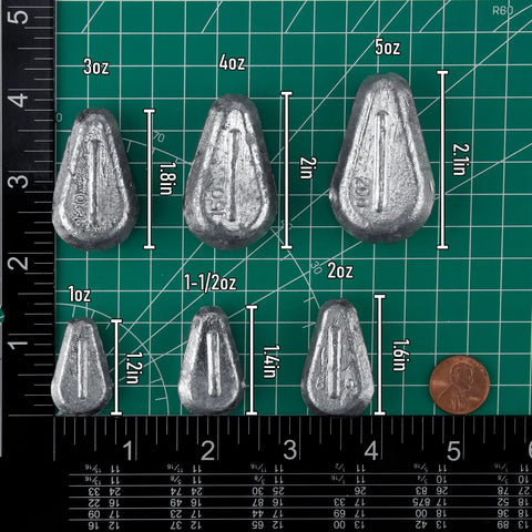 Five Pack No Roll Lead Sinker Weights 1 Ounce Flat Disc For Freshwater And Saltwater Fishing displayed with size measurements