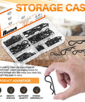 Six Sizes Black Zinc Plated Hitch Pins R Clips Kit With 145 Pcs Heavy Duty Carbon Steel Retaining Pins displayed in storage case.