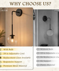 KoKo&Yukina 2 Pack 6" Black Modern Wall Sconces for Bedroom Bulb Included showcasing sleek design with adjustable cord and clear bulb.