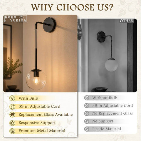 KoKo&Yukina 2 Pack 6" Black Modern Wall Sconces for Bedroom Bulb Included showcasing sleek design with adjustable cord and clear bulb.