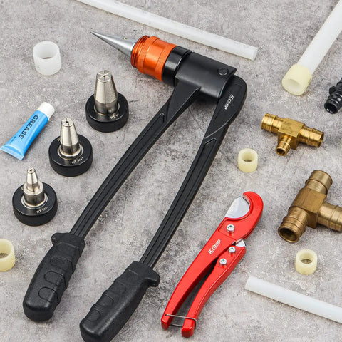 PEX A Expander Tool Kit With Self Rotary Expansion Heads 1/2, 3/4 And 1 Inch Plus PEX Cutter, steel with chrome segments