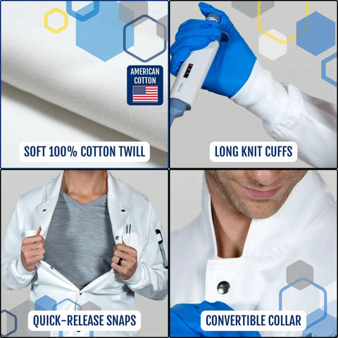 Close-up of Mens Science Lab Coat White 100 Percent Cotton Long Fit With Snap Closures Cuffs Howie Collar For Chem Nerds details