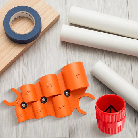 Pipe deburring tool kit with orange adjustable socket heads for 1/4–1 in and inner/outer reamers for PVC tubing.