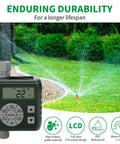 Programmable Sprinkler Timer For Garden Hose With Solar And Battery Power LeakProof Irrigation Controller Rain Delay Auto Manual Watering System Durable Alloy Valves Easy Install For Lawn And Garden showing LCD screen and control buttons.