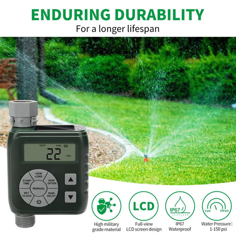 Programmable Sprinkler Timer For Garden Hose With Solar And Battery Power LeakProof Irrigation Controller Rain Delay Auto Manual Watering System Durable Alloy Valves Easy Install For Lawn And Garden showing LCD screen and control buttons.