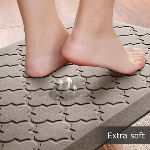 Feet on khaki Anti Fatigue Kitchen Mat Cushioned Comfort Floor Mat 2 Pack Water Resistant Non Slip Ergonomic Standing Rug For Kitchen Floor Office Sink