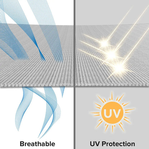 Close-up of breathable light gray Triangle Sun Shade Sail 6 Feet By 6 Feet By 6 Feet Outdoor UV Blocking Canopy fabric.