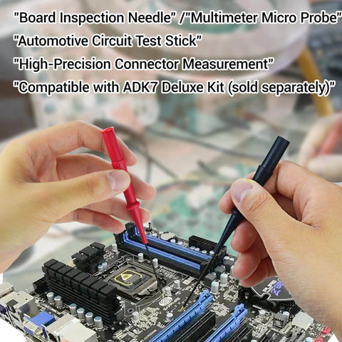 Extension Probe Tip Set For RCT2 With 0.8mm Gold-Plated Micro-Probes, in use on a motherboard, compatible with Fieldpiece.