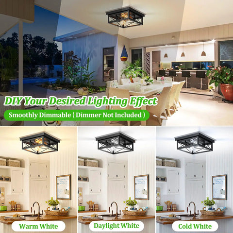 2 Light Industrial Square Flush Mount Ceiling Light Fixture For Kitchen And Hallway, Modern Black Farmhouse, warm to cold light