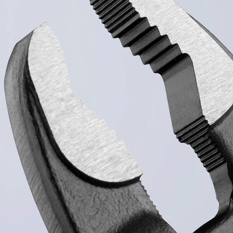Close-up of Cobra pliers jaws from the Five Piece Cobra Pliers Set With Durable Tool Roll Bag And Size Markings, Includes 87 01 125 150 180 250 300 Adjustable Pliers For Home DIY And Pro Jobs, Built For Any Fix.