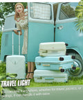 Woman with stacked turquoise suitcases beside retro van, showcasing travel luggage capacity