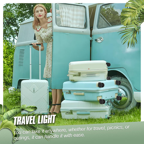 Woman with stacked turquoise suitcases beside retro van, showcasing travel luggage capacity