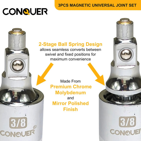 Two Stage Swivel Magnetic Socket Extensions For One Quarter, Three Eighths And One Half Inch Drives With Fixed And Pivot Modes, Replaces Two Tools, Built For Tight Spots And Easy Access In Confined Areas. 3/8 chrome swivel joint