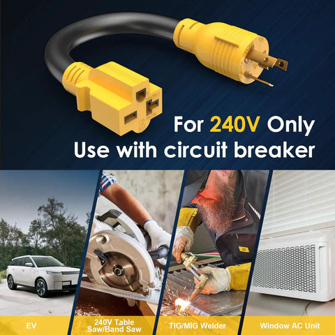 Heavy Duty Nema L6 30P To 6 20R AC Adapter Plug And Play Twist Lock Male Connector For Generators Bandsaws Power Tools And EV Chargers, close-up view.