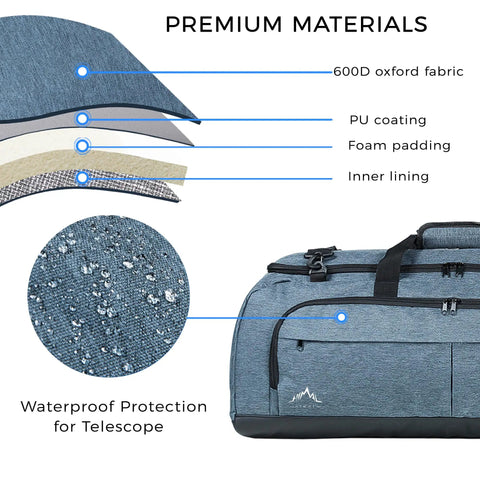 Shock Absorbent Multipurpose Telescope Bag 40 Inches For On The Go Outdoor Travel And Safe Transit, Padded Protective Case Built For Celestron And Other Major Telescope Brands, Durable, Lightweight, Weather Resistant, Quick Access. waterproof blue telescope bag with 600D fabric and foam padding