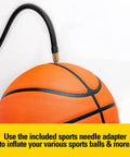 Basketball being inflated using needle adapter from 1000 Peak Amp Jump Starter With USB Power And 12V Outlet Portable Car Battery Booster On The Go With 120 PSI Tire Inflator Quick Start Power Pack For Cars Trucks SUVs Bikes And Sports Gear.