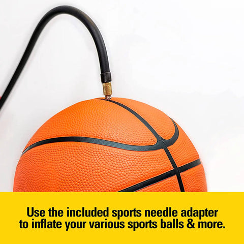 Basketball being inflated using needle adapter from 1000 Peak Amp Jump Starter With USB Power And 12V Outlet Portable Car Battery Booster On The Go With 120 PSI Tire Inflator Quick Start Power Pack For Cars Trucks SUVs Bikes And Sports Gear.