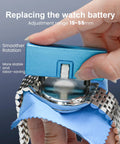 Hands using Watch Repair Tool Kit For Battery Replacement, Strap Adjustment, Link Pin Remover, Case Back Opener, and Pry Knife
