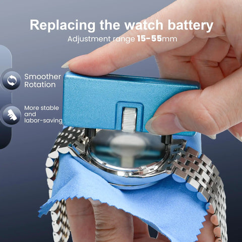 Hands using Watch Repair Tool Kit For Battery Replacement, Strap Adjustment, Link Pin Remover, Case Back Opener, and Pry Knife