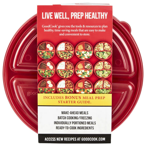 Top view of red Meal Prep Containers Set 10 Piece BPA Free Round Food Storage With Labeled Compartments and Snap Shut Lids.