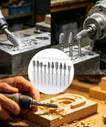 Hard Hitting Carbide Rotary Burr Kit With Tungsten Steel Double Cut Bits and Premium Aluminum Oxide Sanding Bands designed for Dremel tools in action.