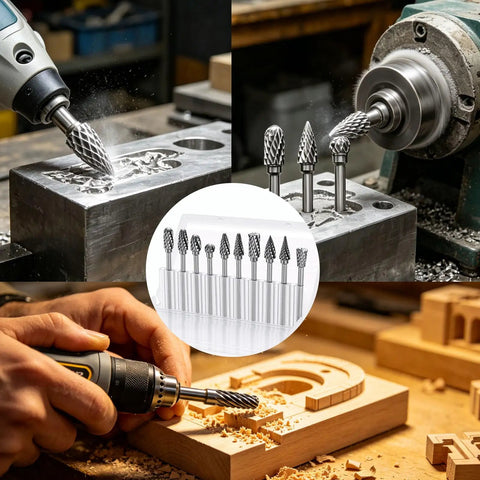 Hard Hitting Carbide Rotary Burr Kit With Tungsten Steel Double Cut Bits and Premium Aluminum Oxide Sanding Bands designed for Dremel tools in action.