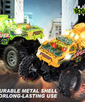 Monster Truck RC Car With 2.4GHz Remote 1 To 64 Scale Colorful Lights And Metal Body Shell 360 Spin And Auto Demo Durable Off Road Toy For Boys And Girls Ages 6 7 8 9 10 Green Easy To Control For Beginners, two trucks on city street