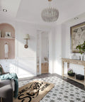 Interior room with decorative flooring, wall art, and a small sculpture on a shelf, featuring a 'home sweet home' rug.