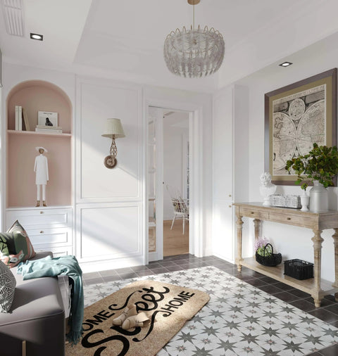 Interior room with decorative flooring, wall art, and a small sculpture on a shelf, featuring a 'home sweet home' rug.