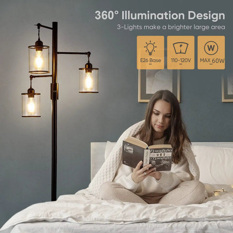 Three Head Tree Style Industrial Floor Lamp With Adjustable Brightness Smart Touch Dimmer Glass Shade Black