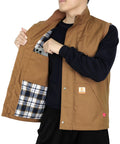 Mens Heavy Duty Flame Retardant Work Vest Insulated For Winter Cold Weather showing interior plaid lining and phone pocket